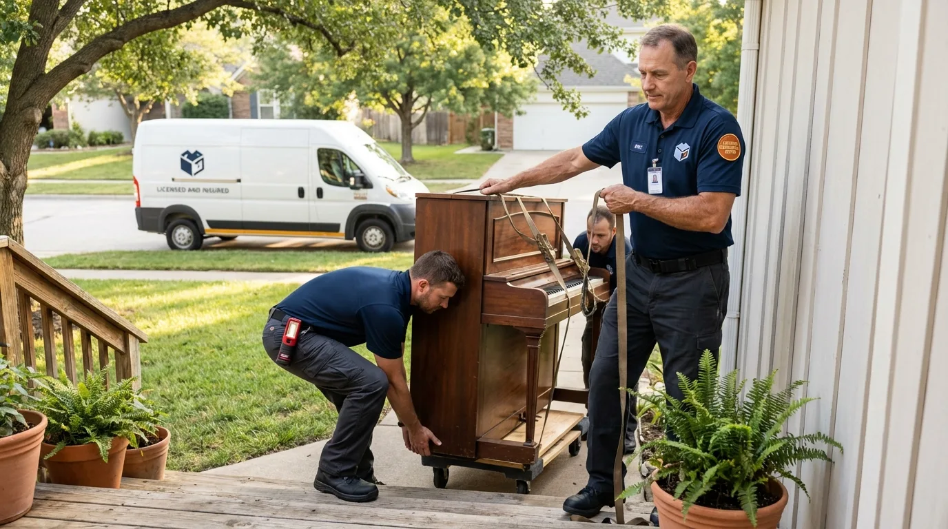 Licensed piano movers securing grand piano in Westmoreland, KS
