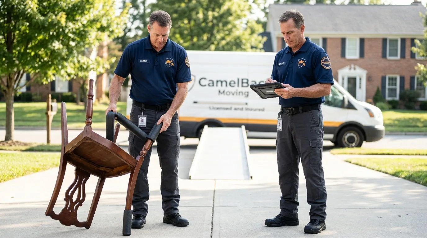 Movers inspecting furniture for damage prevention before loading in Westmoreland, KS