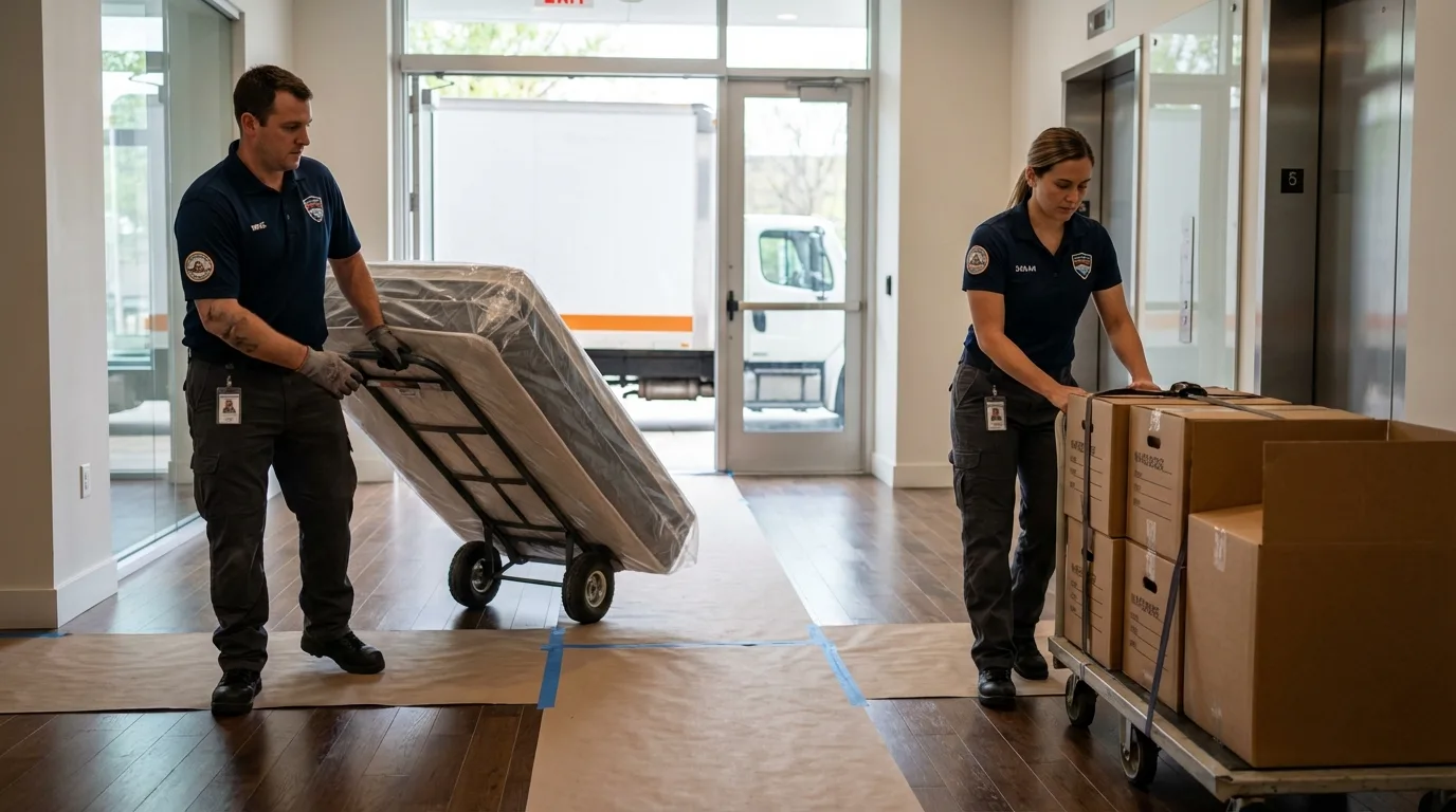 Professional apartment movers loading elevator in Westmoreland, KS