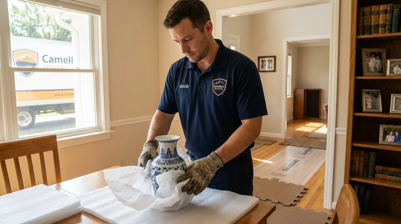 Professional crew carefully wrapping antique vase for senior downsizing move in Westmoreland, KS